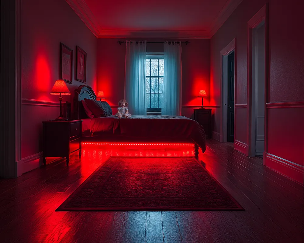 Habitación siniestra iluminada con tiras LED RGB en tono rojo con motivo de Halloween