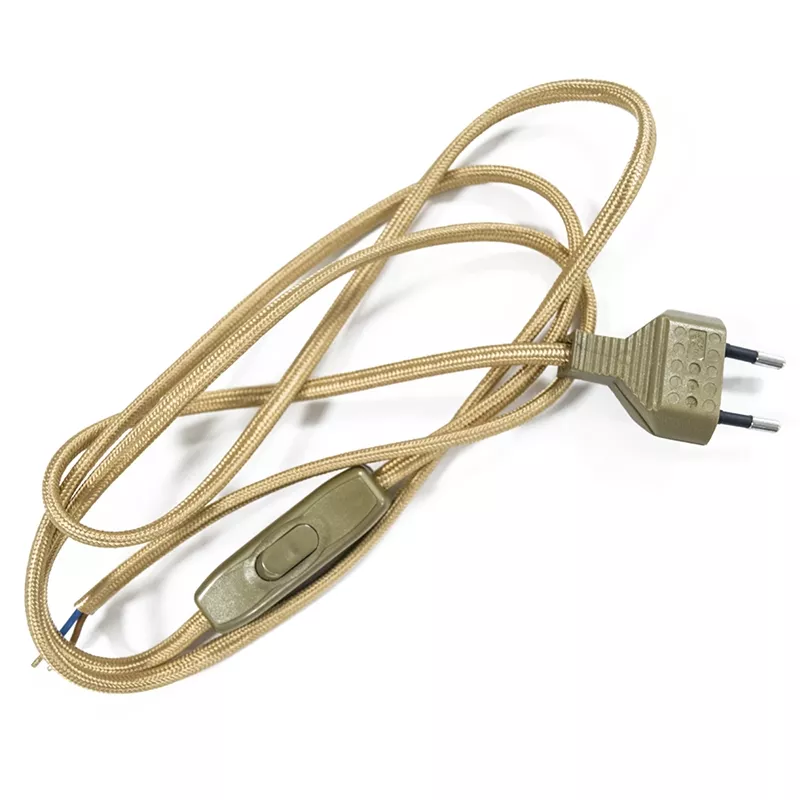 Conexión con cable textil, clavija plana e interruptor dorados