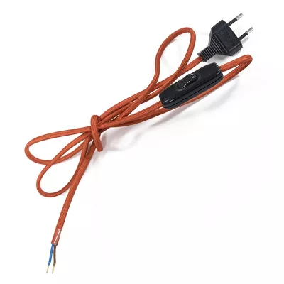 Conexión con cable textil rojo, clavija plana e interruptor negros
